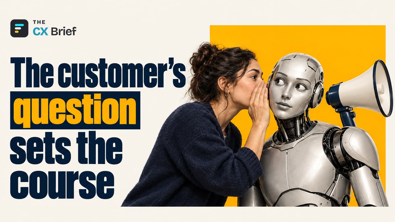 The customer's question sets the course — More than 1 in 3 consumers used AI to shop on Prime Day 2026! A robot turns its head toward an ordinary customer speaking into its ear, while the megaphone behind it points the other way.
