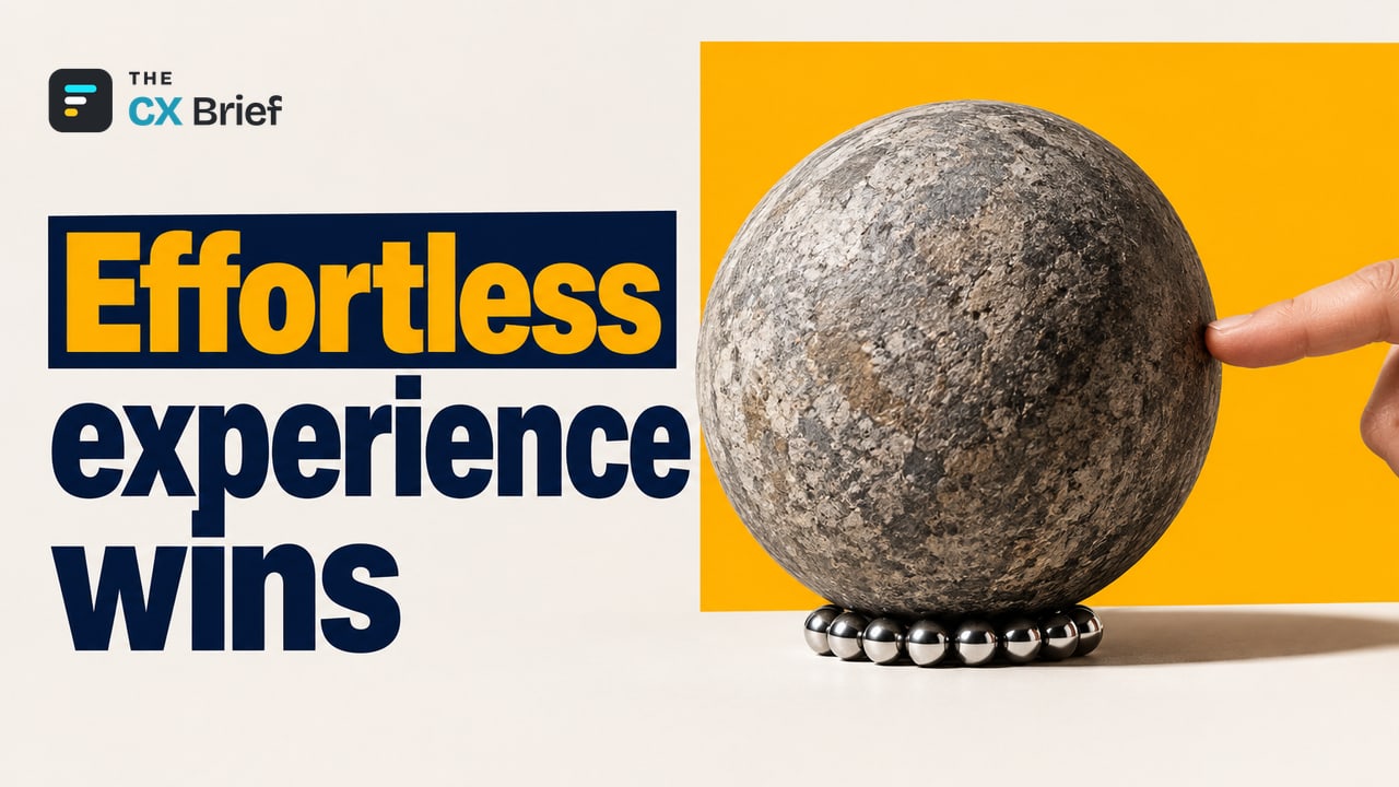 Effortless experience wins — 2026's New Rule in Customer Experience: Effortlessness, Not Loyalty, Wins. A finger easily pushes a giant stone sphere that rests on small bearings.