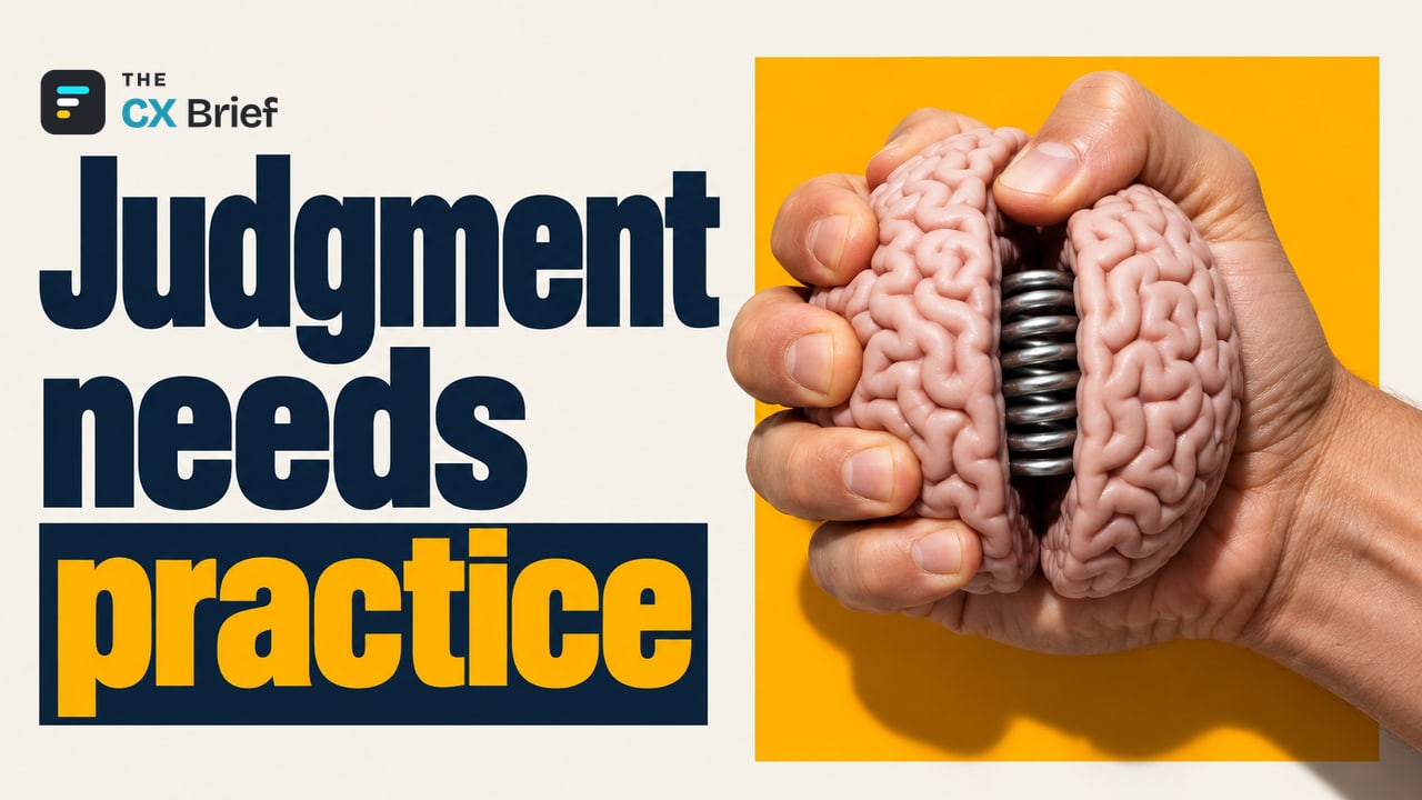 Judgment needs practice — 65% of experts on MIT Sloan panel: As AI grows more powerful, the real test will be preserving human judgment. A hand spring shaped like a human brain is squeezed in an ordinary person's palm.