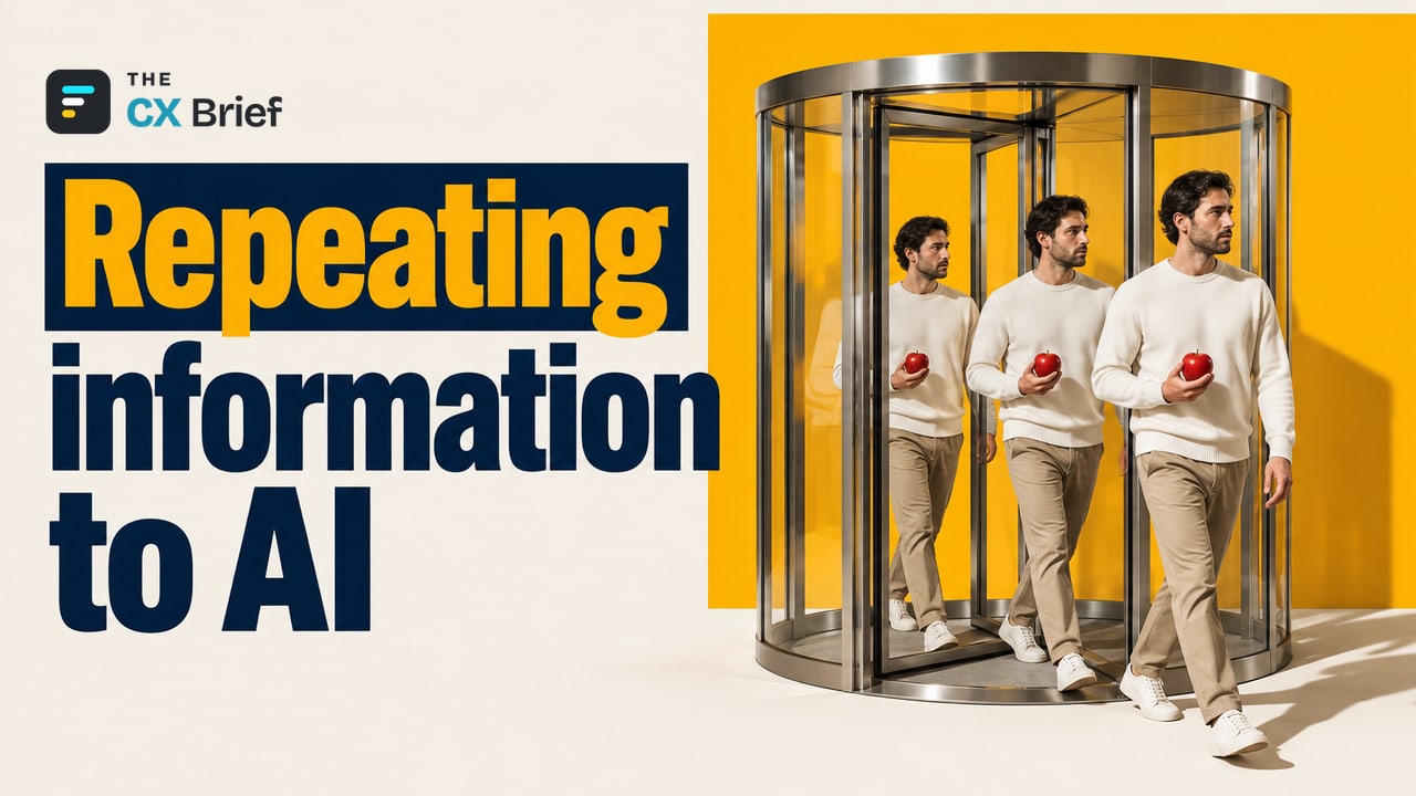 Repeating information to AI — 74% of consumers had to explain their problem twice to an AI assistant. Silhouettes of the same man step out of a revolving door one after another, each leaving the same item behind.