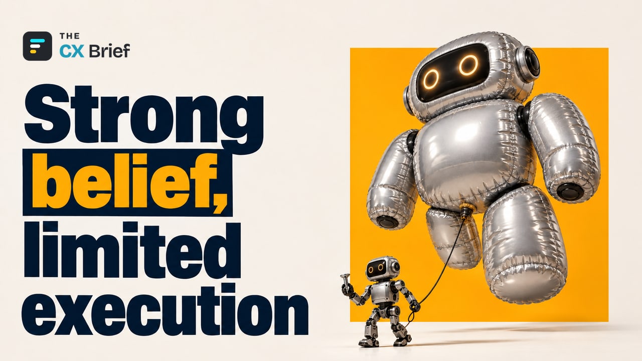 Strong belief, limited execution — 83% Believe in AI, 6% Can Use It: The 2026 Retail Report and Türkiye. Beneath a giant robot balloon, a tiny worker robot holds it up.