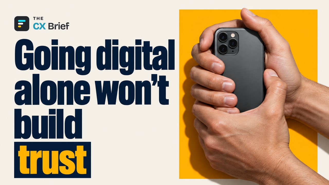 Going digital alone won't build trust — A CX Wake-Up Call for Banking: Going Digital Isn't Enough; Customers Still Want Banks They Can Trust. Two interlocked human hands form a protective cocoon around a smartphone seen from the back.