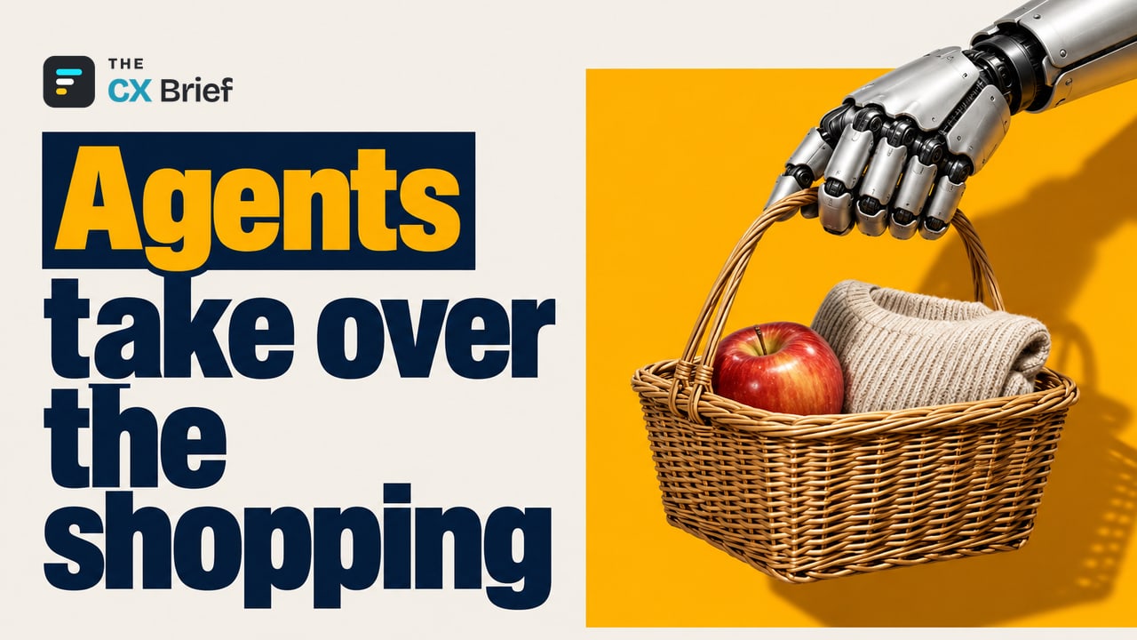 Agents take over the shopping — A New Era in Customer Experience: Shopping Is No Longer a Passive Act. A robotic hand carries a shopping basket holding an apple and a folded sweater.