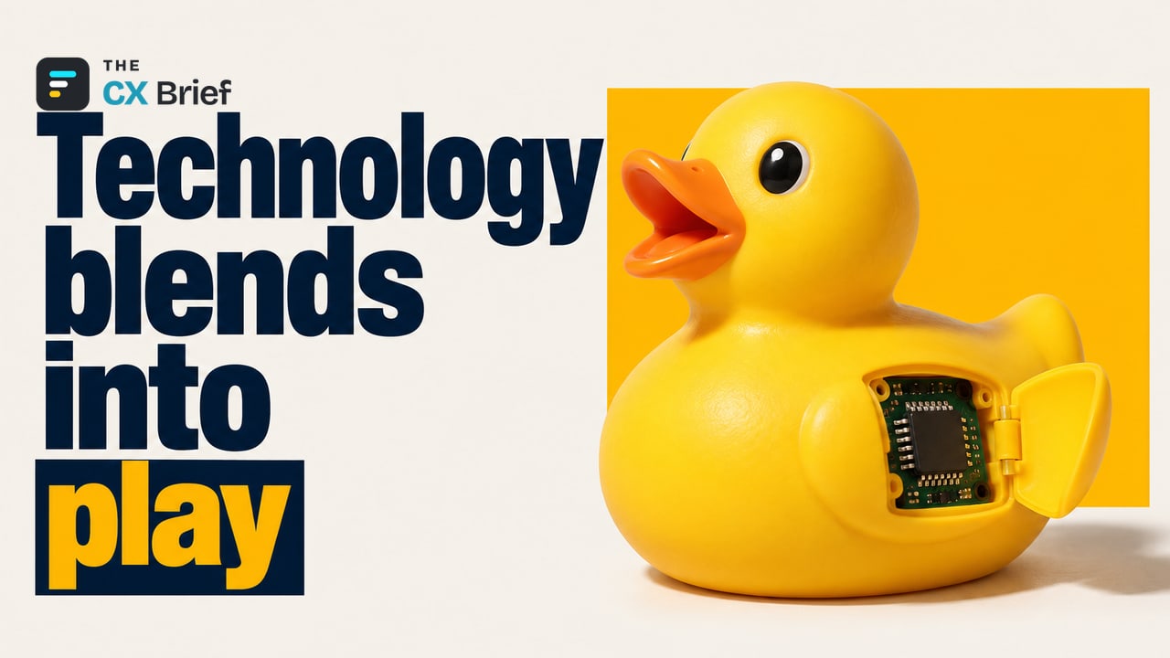 Technology blends into play — A New Era in Experience Design: LEGO "Smart Play" and the Phygital Revolution. The partly opened body of an ordinary toy duck reveals a tiny microchip at work inside.