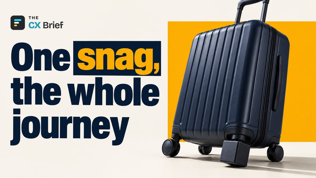 One snag, the whole journey — A New Era in the Travel Experience: Customers Punish a Bumpy Journey, Not Expensive Service. A single cube-shaped wheel tilts a carefully crafted travel suitcase to one side.