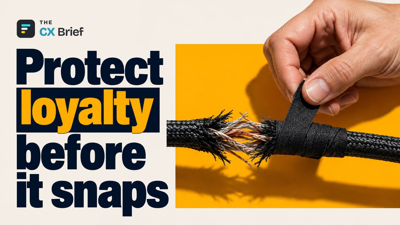 Protect loyalty before it snaps — A Silent Threat in Broadband: How to Manage Customer Churn When Subscribers Can Switch Instantly. A hand repairs the frayed section of a connection cable that is about to snap while both ends are still connected.