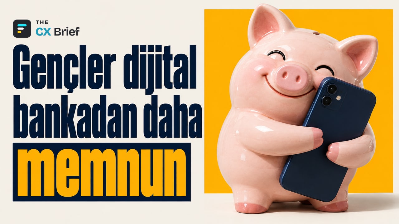 Gençler dijital bankadan daha memnun — ABD'de Y ve Z kuşağı vadesiz hesapta en çok çevrim içi bankalardan ve fintechlerden memnun. Gülümseyen bir kumbara, arka yüzü görünen akıllı telefonu kollarıyla sıkıca kucaklıyor.