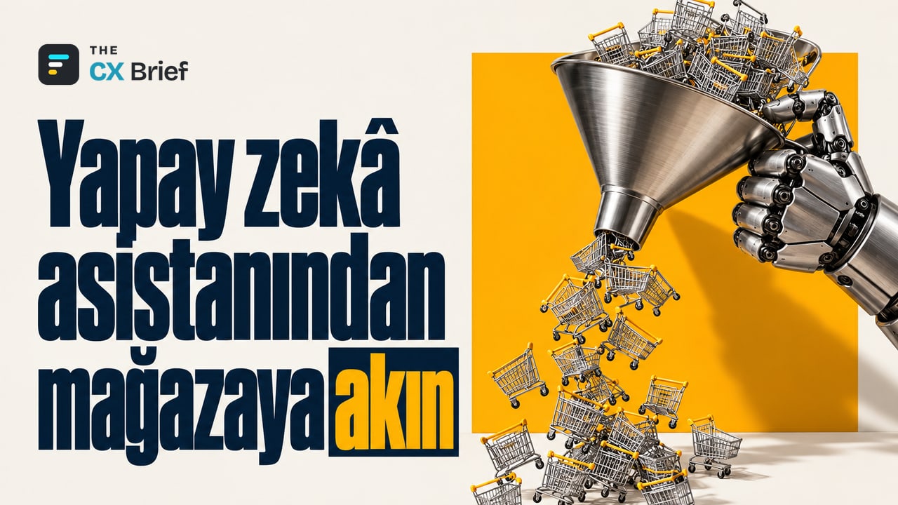 Yapay zekâ asistanından mağazaya akın — ABD'de perakende sitelerine yapay zekâ kaynaklarından gelen trafik 2026'nın ilk çeyreğinde %393 arttı. Robot bir el büyük bir huniyi eğiyor; huniden minyatür alışveriş arabaları akıyor.