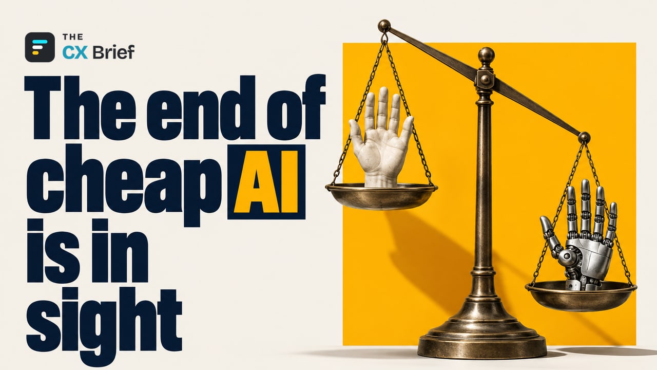 The end of cheap AI is in sight — According to Gartner, the ‘Let AI Do Everything and Cut Costs’ Era Is Ending. On an equal-arm balance scale, a robot hand outweighs a human hand.