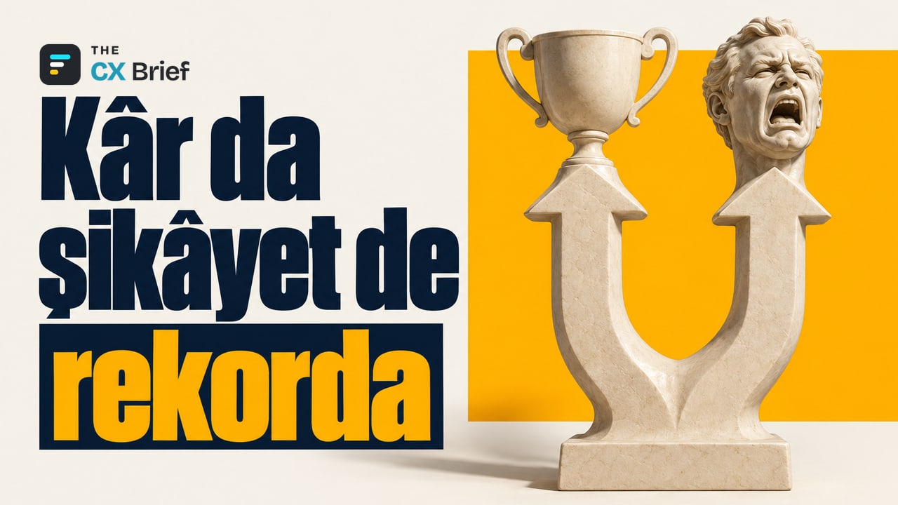 Kâr da şikâyet de rekorda — ACSI: şirket kârları rekorda, müşteri şikâyetleri de rekorda. Tek bir heykelden yükselen eşit boydaki iki okun biri kupayla, diğeri öfkeyle bağıran bir insan yüzüyle sonlanıyor.