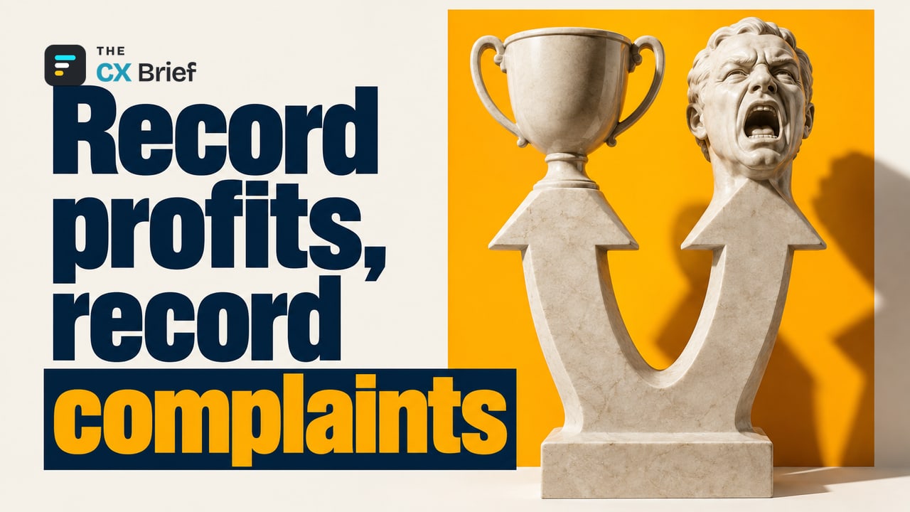 Record profits, record complaints — ACSI: Corporate profits and customer complaints both hit records. Two arrows of equal height rise from a single sculpture: one ends in a trophy, the other in a human face shouting in anger.