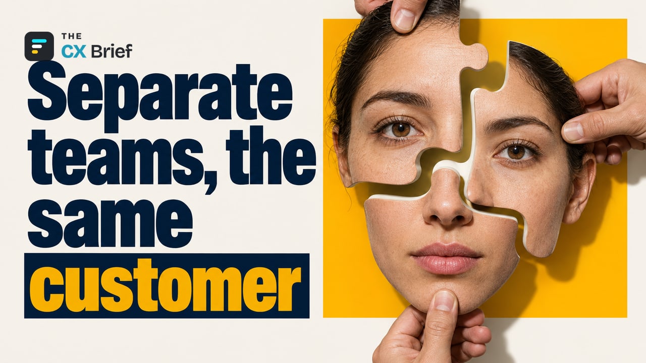 Separate teams, the same customer — Acxiom: 80% of brands struggle to manage customer experience across multiple platforms. Three hands pull the puzzle pieces that form a single customer's face in different directions.