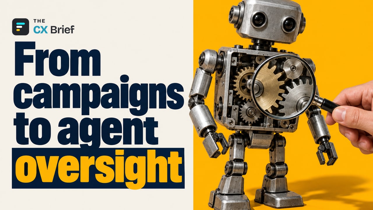 From campaigns to agent oversight — AI agents are shifting marketing operations from building campaigns to overseeing agents. A human hand uses a magnifying glass to examine the gear linkage inside a small autonomous robot.