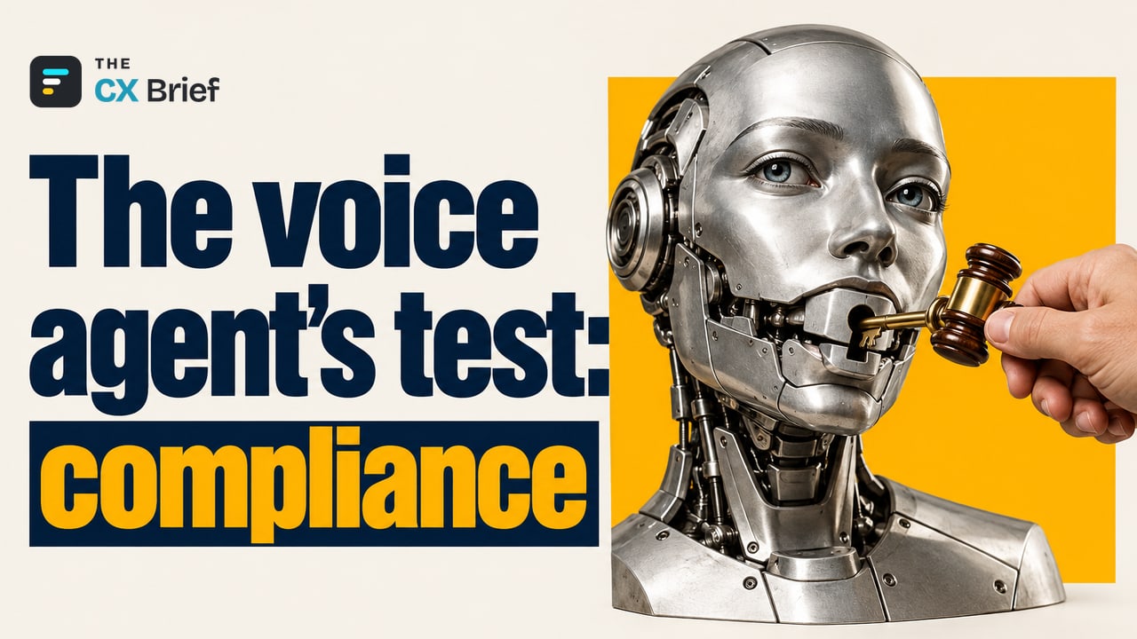 The voice agent's test: compliance — AI is answering calls at eHealth; Regal, which sells the agent, says purchase rates are 27% higher than with humans. A human hand opens the keyhole in a robot's mouth with a key shaped like a judge's gavel.