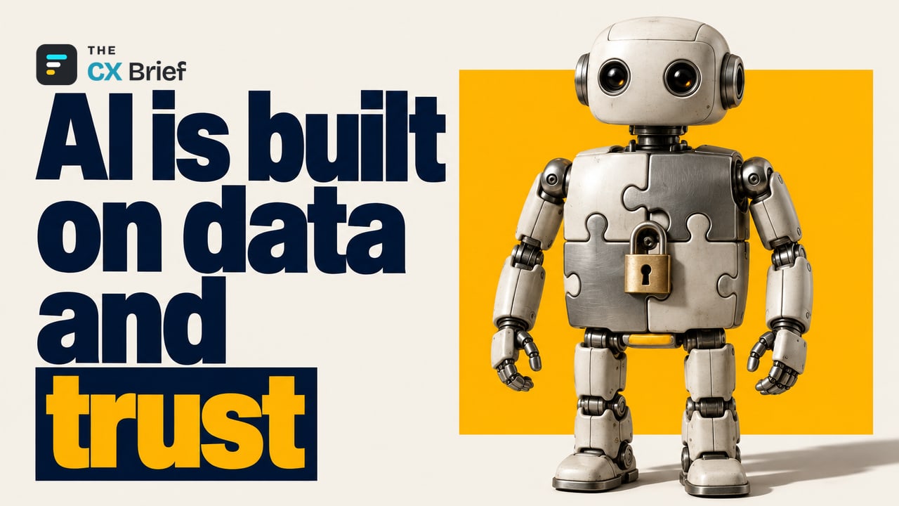 AI is built on data and trust — AI, Data and Trust: The New CX Infrastructure for SMBs. A single padlock holds together a robot body made of perfectly interlocking puzzle pieces.