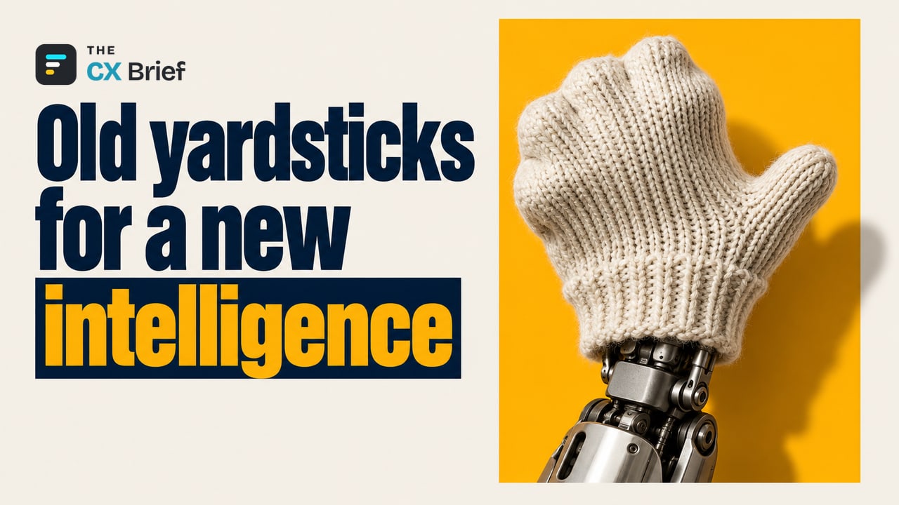 Old yardsticks for a new intelligence — AI in Customer Operations: Big Promises, Low Returns. Why? A large robotic hand struggles with a tiny knitted glove it can’t fit its fingers into.