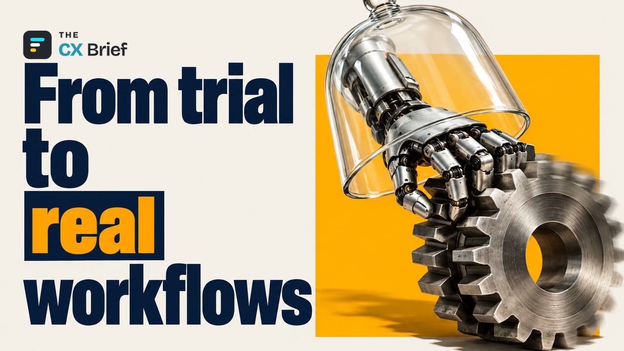From trial to real workflows — AI Is Closing the Book on the "Pilot" Era: The Shift to Real Workflows Has Begun. A robotic hand reaching out of a glass bell jar turns a large gear.
