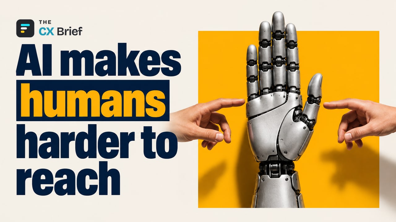 AI makes humans harder to reach — Alchemer: Nearly 9 in 10 U.S. consumers say AI has hurt their experience with companies. A robot hand slips between two human hands reaching for each other and blocks the way with its palm.
