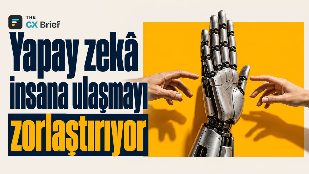 Yapay zekâ insana ulaşmayı zorlaştırıyor — Alchemer: Neredeyse her 10 ABD'li tüketiciden 9'u yapay zekânın şirketlerle yaşadığı deneyime zarar verdiğini söylüyor. Birbirine uzanan iki insan elinin arasına giren robot eli, avucuyla geçişi kapatıyor.