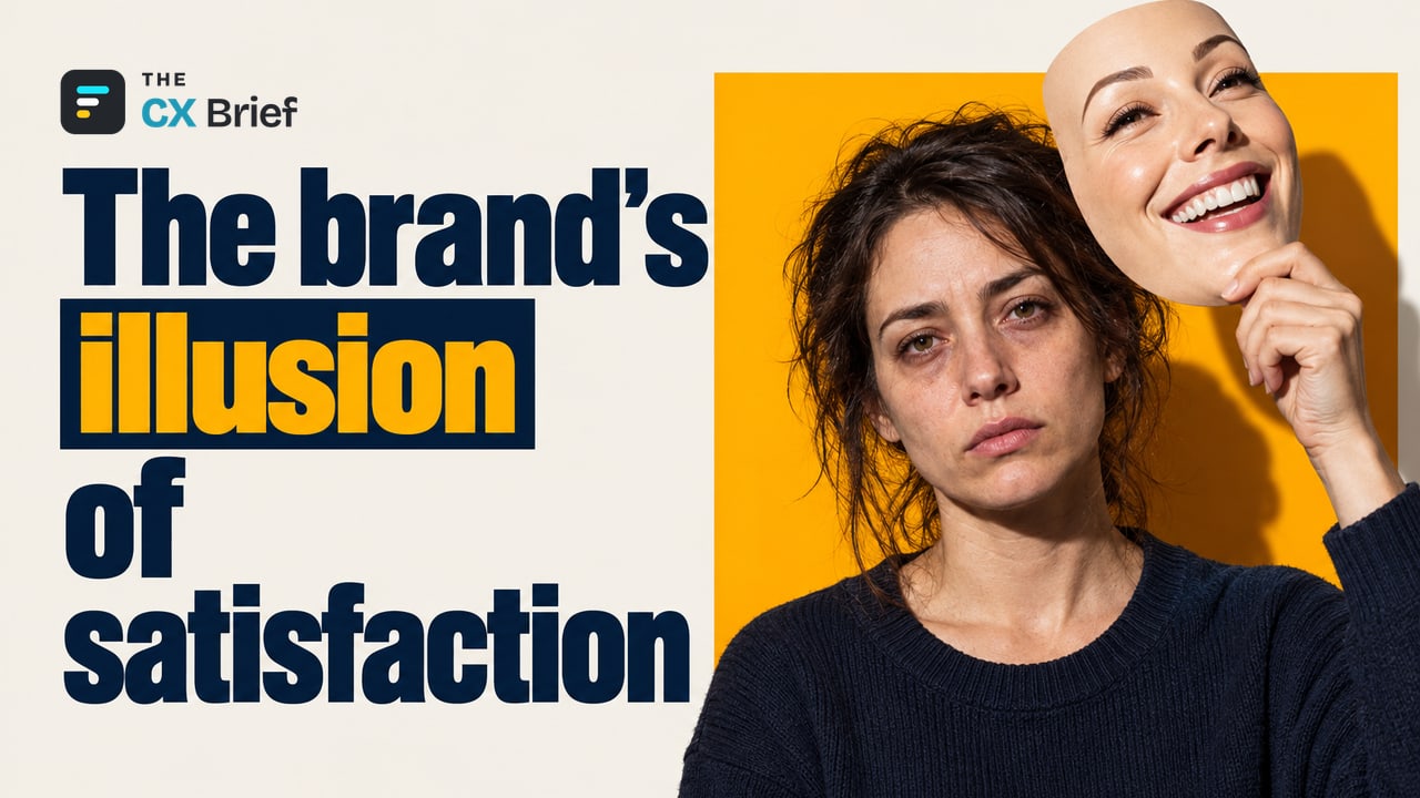 The brand's illusion of satisfaction — All Quiet on the CX Front: 2026 CX Trends and the Perception Gap. An ordinary person holds a broadly smiling theater mask in front of their tired face.