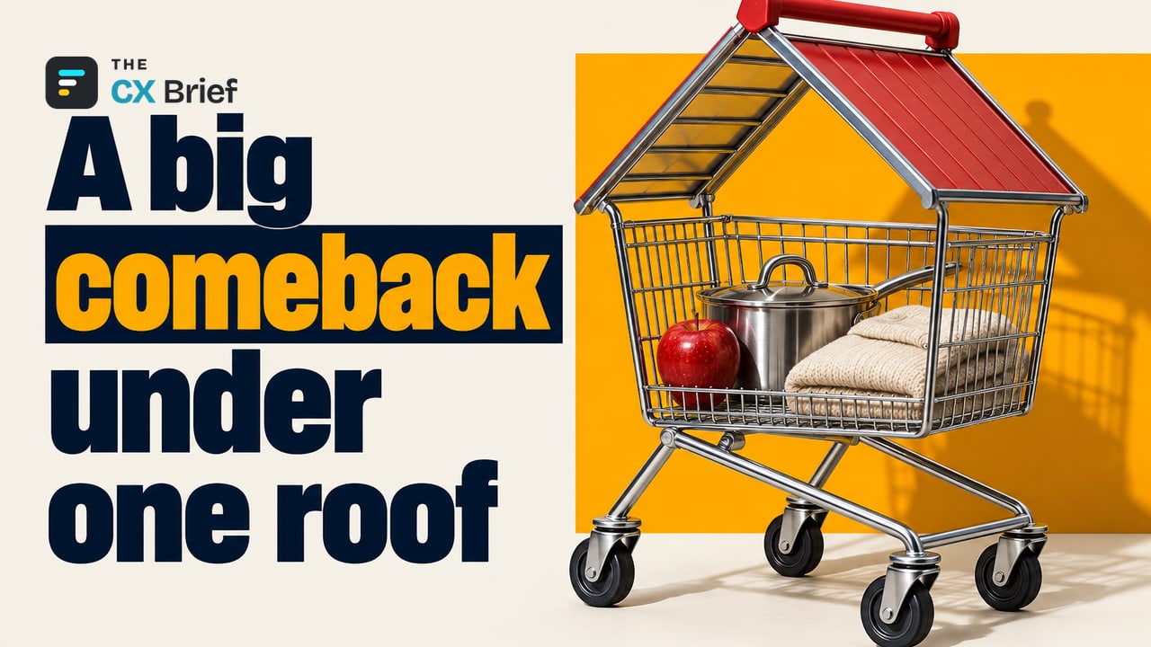 A big comeback under one roof — Amazon Is Returning to Physical Retail (Again)! A single shopping cart whose handle rises into the shape of a roof brings together groceries, household goods and clothing.