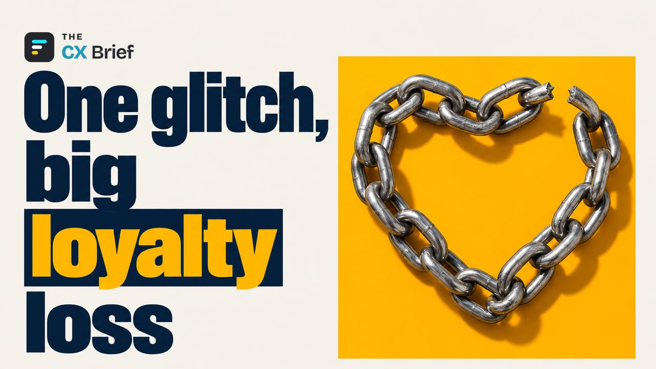 One glitch, big loyalty loss — Bain & Company Warns: Digital Experience May Be Where Loyalty "Ends," Not Where It "Begins." A single link in a heart-shaped chain has broken, and the whole structure is coming apart at that point.