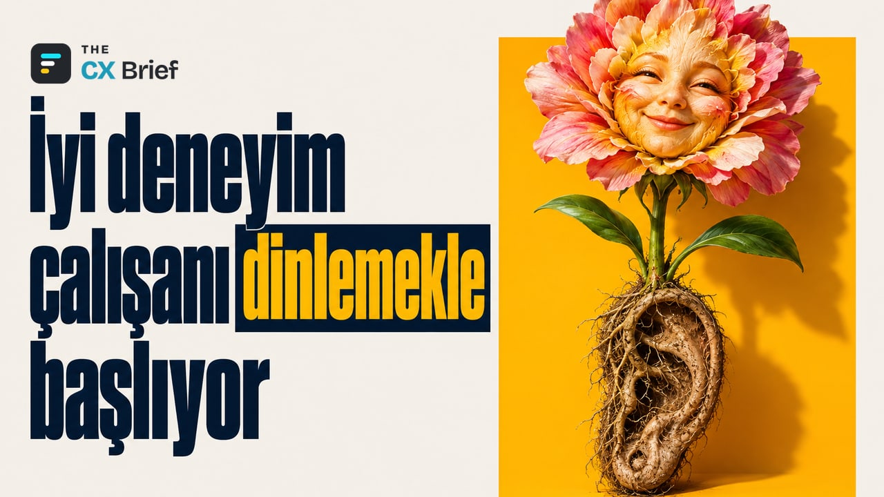İyi deneyim çalışanı dinlemekle başlıyor — Birleşik Krallık müşteri deneyimi ödüllerinin dört kazananı: İyi deneyim çalışanla başlıyor. Kökleri insan kulağı biçimindeki tek bir bitkinin çiçeği, gülümseyen bir yüz oluşturuyor.