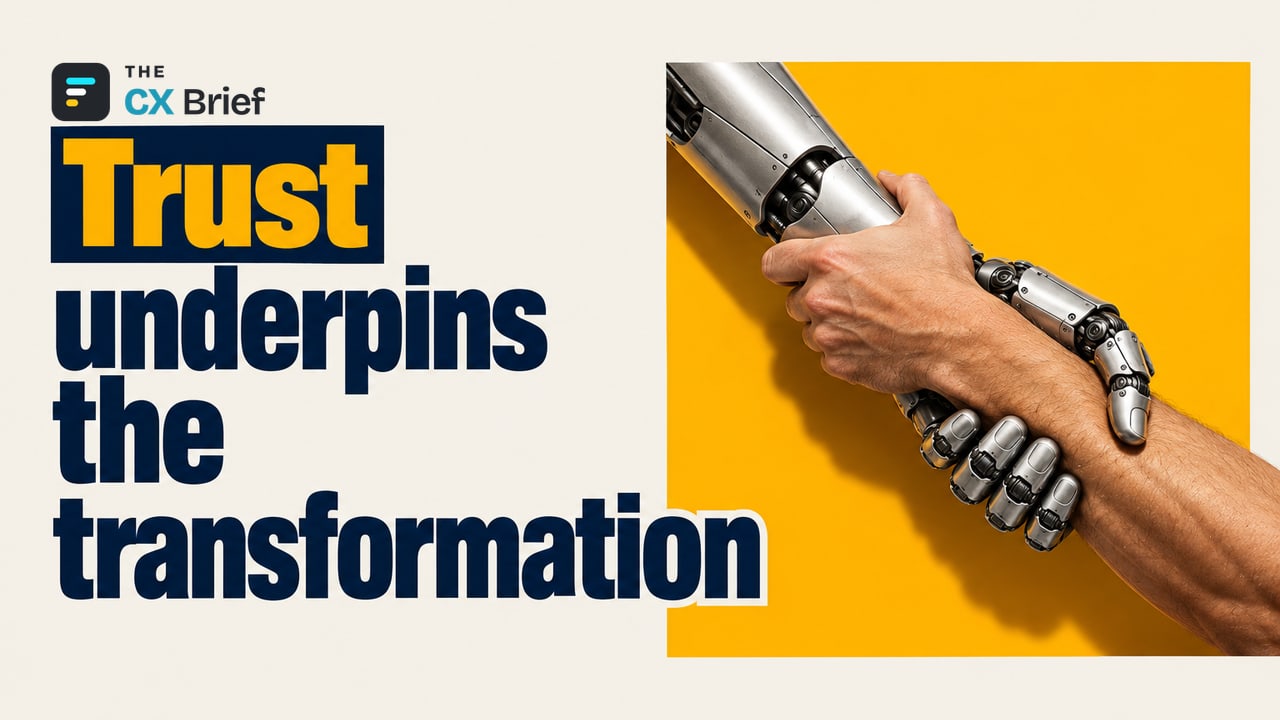 Trust underpins the transformation — Bridging the AI Divide in Customer Service and Building Trust. A human hand and a robotic hand grip each other by the wrist, forming a strong, load-bearing bond.