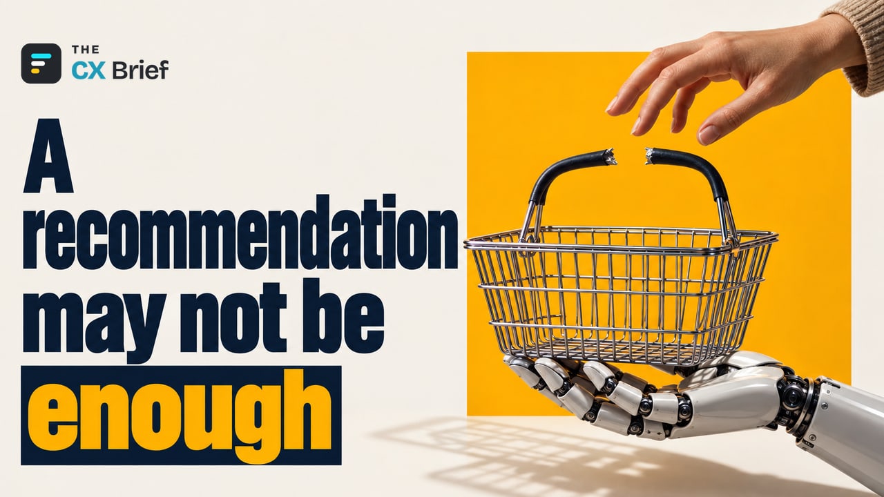 A recommendation may not be enough — Contentsquare: 23% of consumers say they would switch brands if a site disappoints. The broken handle of a shopping basket offered by a robot hand stops the reaching human hand in midair.