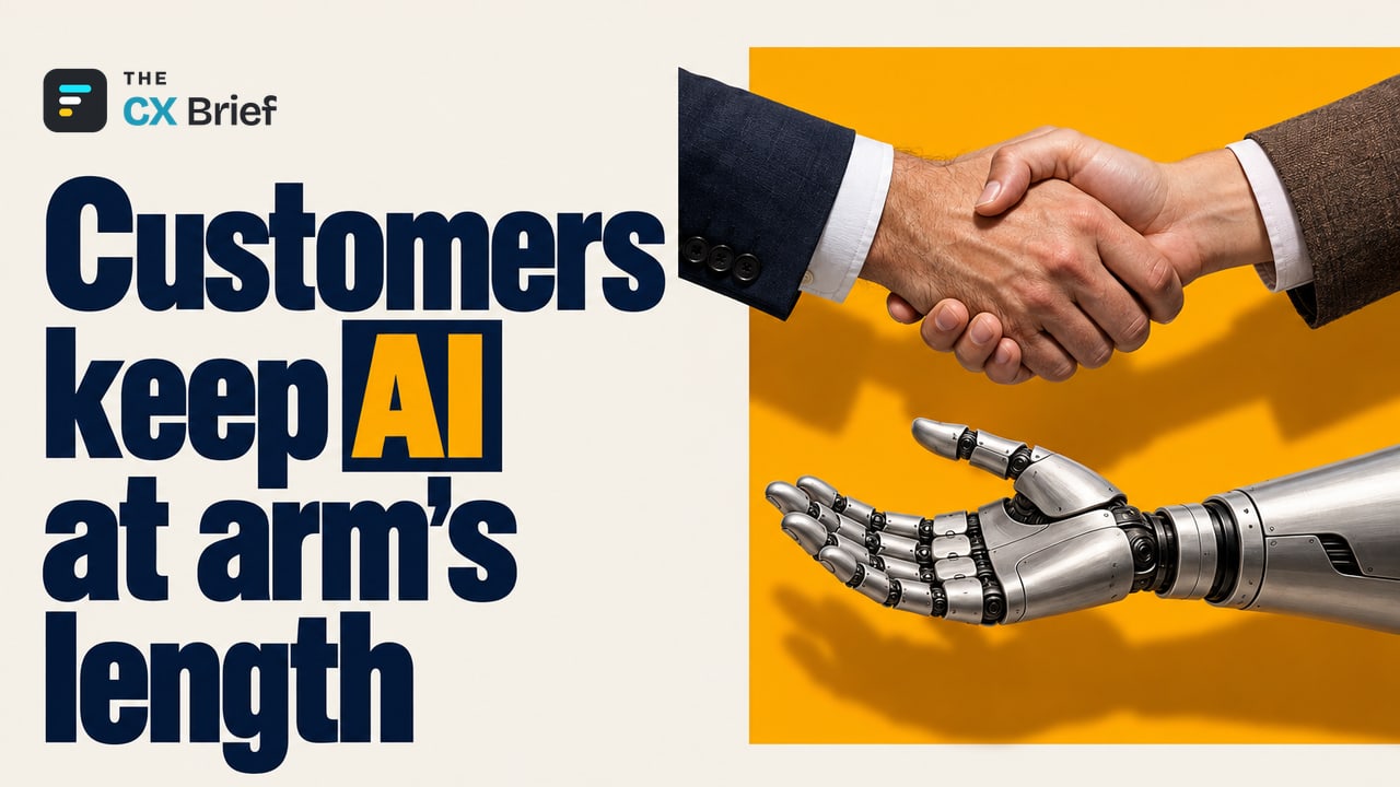 Customers keep AI at arm's length — Could Your Brand's Infatuation with AI Be Driving Your Customers Away? A customer's hand passes by an outstretched robotic hand to shake an ordinary human hand.