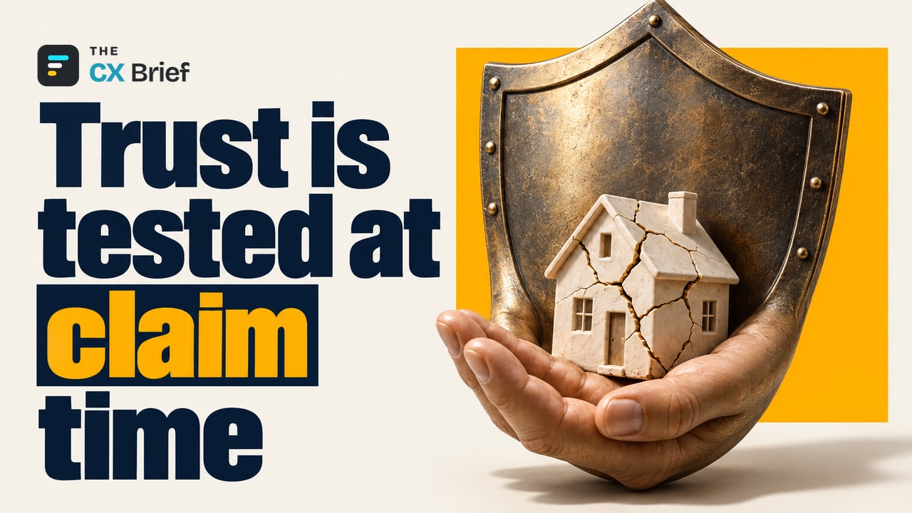 Trust is tested at claim time — Customer Experience in Insurance: Brands Lose When They Fail to Inspire Trust at Claim Time. A shield whose lower part becomes a cupped, supporting hand holds a small, cracked ceramic house.