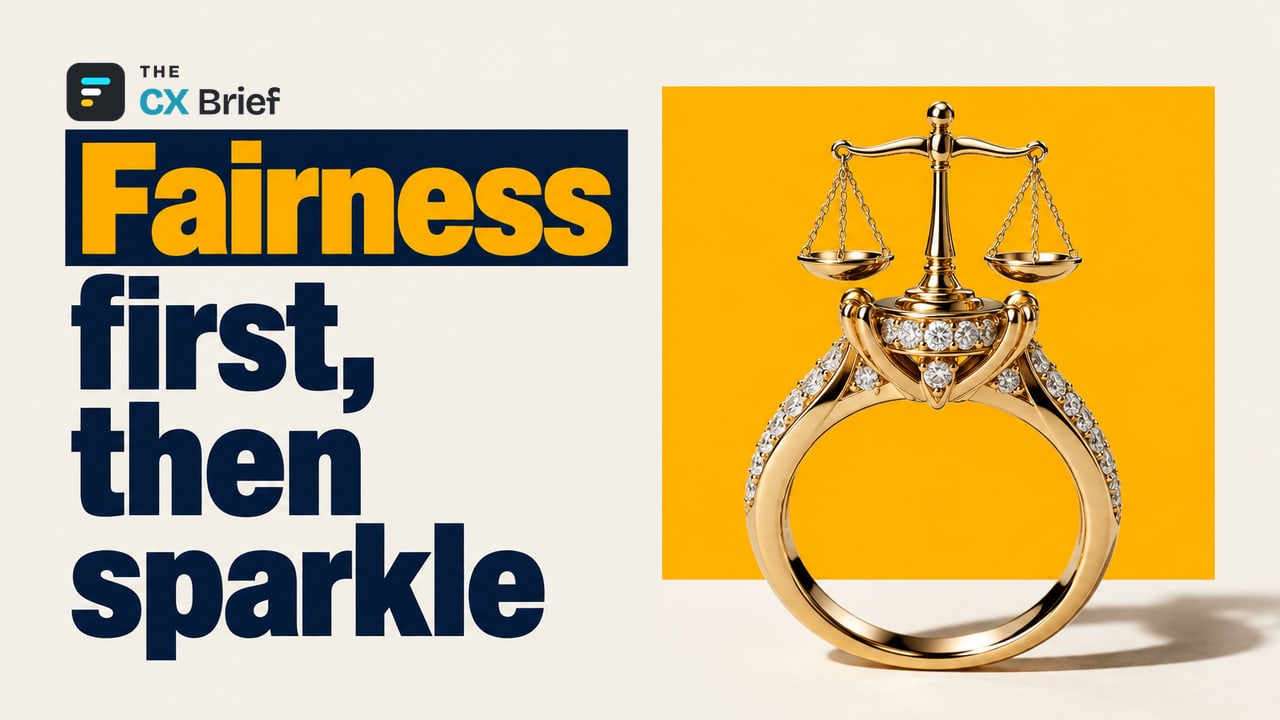 Fairness first, then sparkle — Customer Experience in the Endurance Economy: Fairness First, Then Sparkle. A diamond ring with a small, balanced scale of justice set where its stone should be.