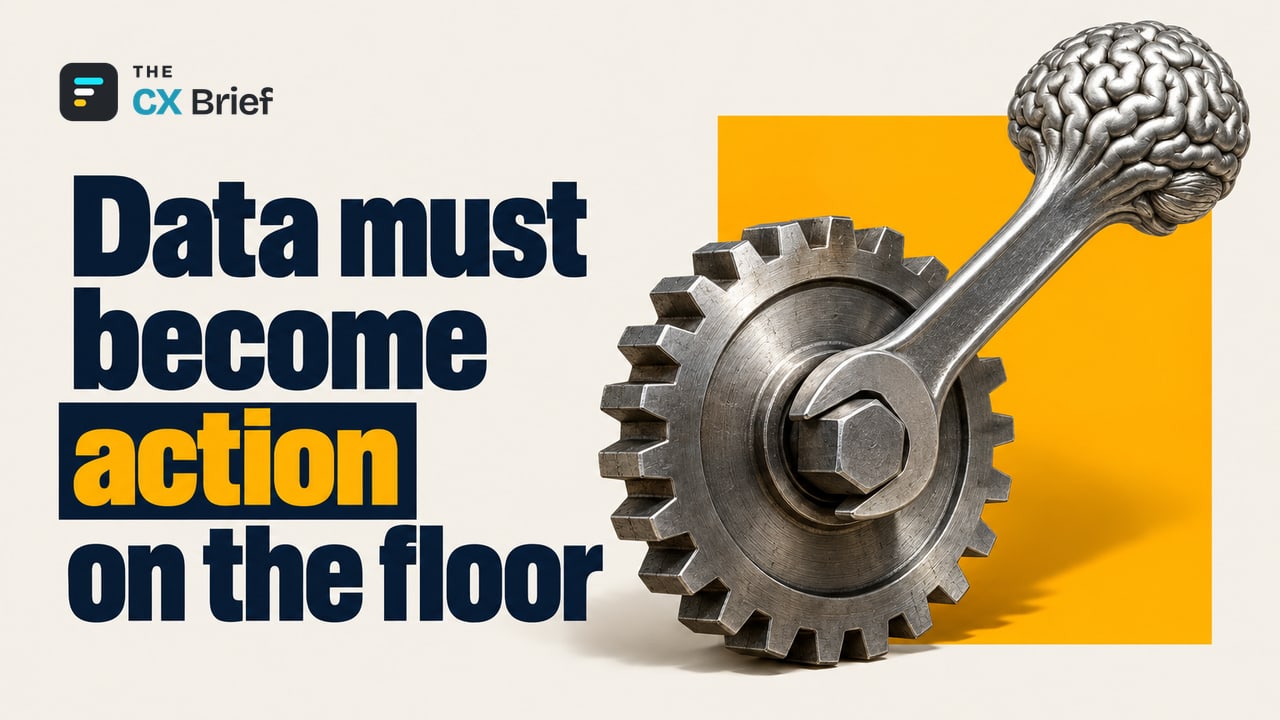 Data must become action on the floor — Customer Experience Starts on the Factory Floor. A one-piece wrench with a brain-shaped handle turns a gear.