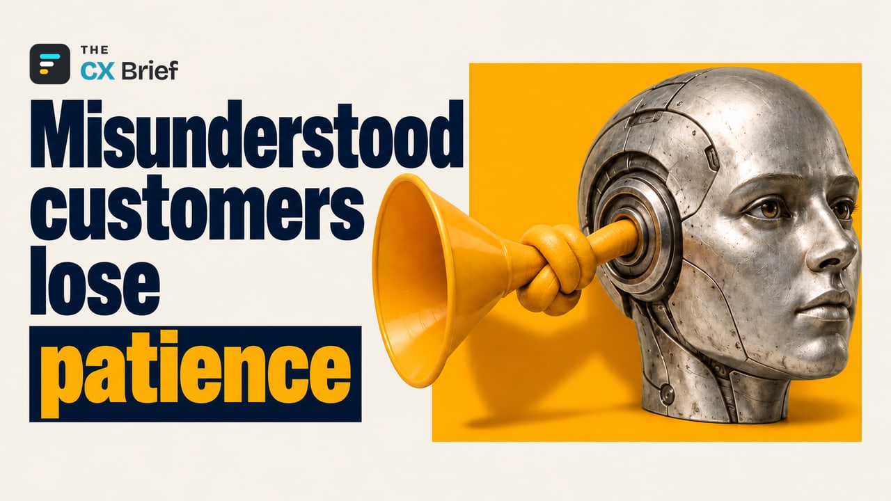 Misunderstood customers lose patience — Customer Patience Lasts Three Minutes, but Automation Is Still Checking Its Watch. The funnel-shaped ear of a robot head, instead of taking in sound, is tightly knotted back on itself.