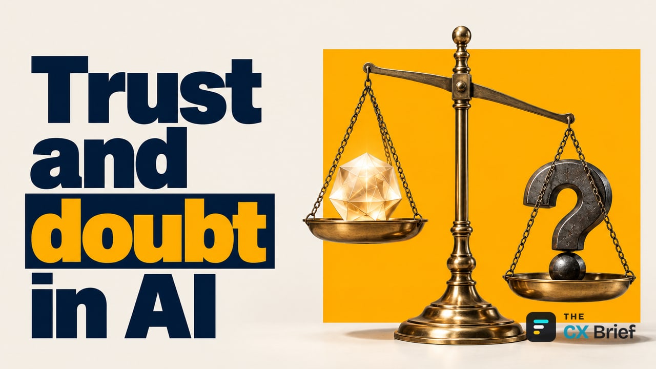 Trust and doubt in AI — CX leaders will trust AI advisors that show their work in 2027. A balance scale: a glowing AI symbol in one pan and, in the other, an empty space representing doubt.