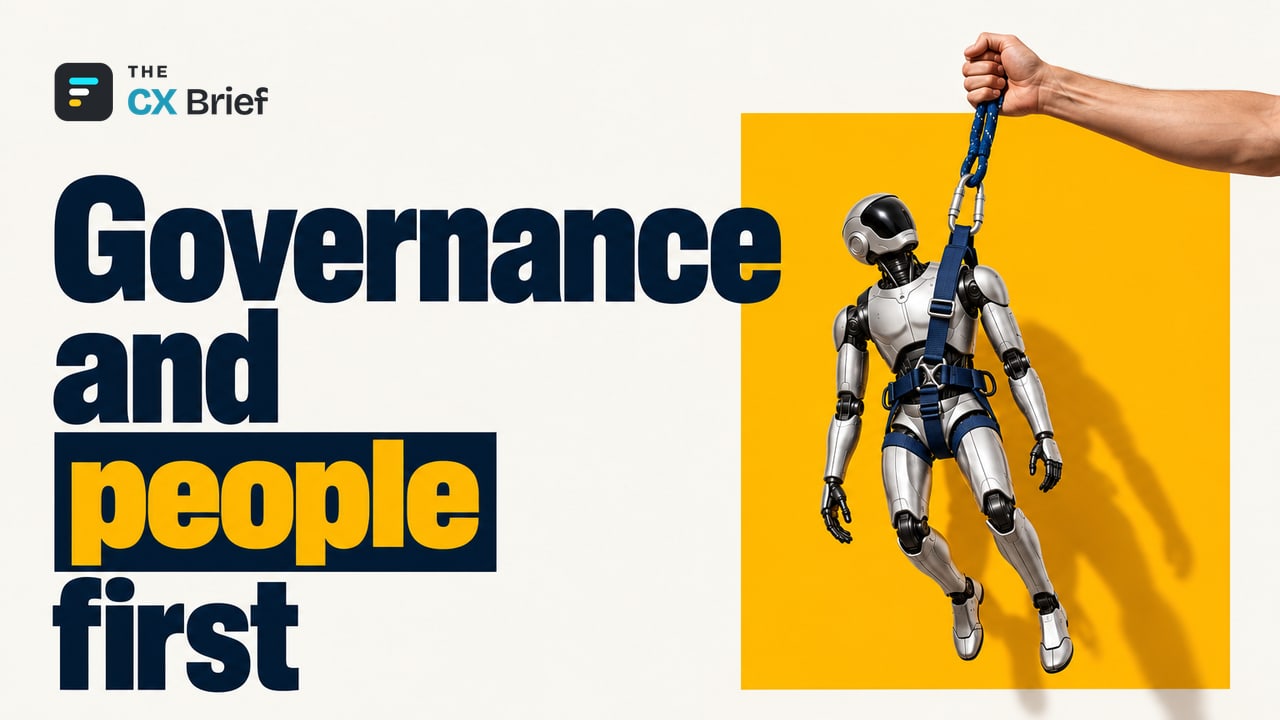Governance and people first — CX Network: For 2027, experts recommend investing in AI governance and people rather than new tools. An ordinary human hand holds the ropes attached to a robot's safety harness.