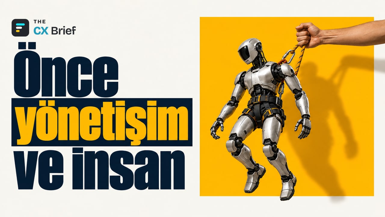 Önce yönetişim ve insan — CX Network: Uzmanlar 2027 için yeni araç yerine yapay zekâ yönetişimine ve çalışana yatırım öneriyor. Bir robotun emniyet kemerine bağlı ipleri sıradan bir insan eli tutuyor.