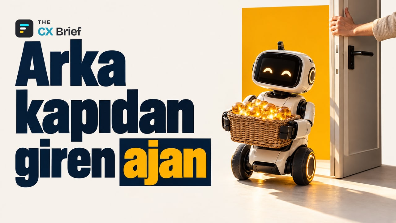 Arka kapıdan giren ajan — CX Today: Gölge yapay zekâ ajanları müşteri verisine çoğu zaman güvenlik denetimi olmadan erişiyor. Parlak bir ofiste bir çalışan yan kapıyı açık tutarken küçük bir robot içeri giriyor, ana girişteki güvenlik görevlisi başka yöne bakıyor.