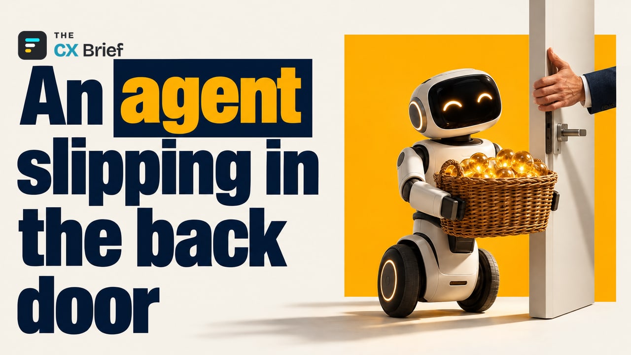 An agent slipping in the back door — CX Today: Shadow AI agents often access customer data without security oversight. In a bright office, an employee holds a side door open as a small robot comes in, while the security guard at the main entrance looks the other way.