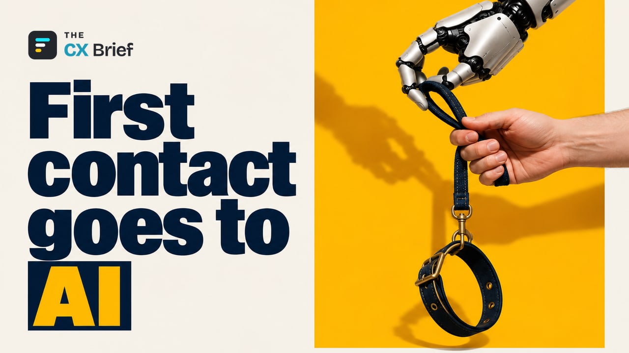 First contact goes to AI — Dog Daycare Chain Dogtopia's CEO: AI Assistant Outpaces Teams at Booking Appointments. A robot hand passes a leash with a dog collar at its end to a human hand.