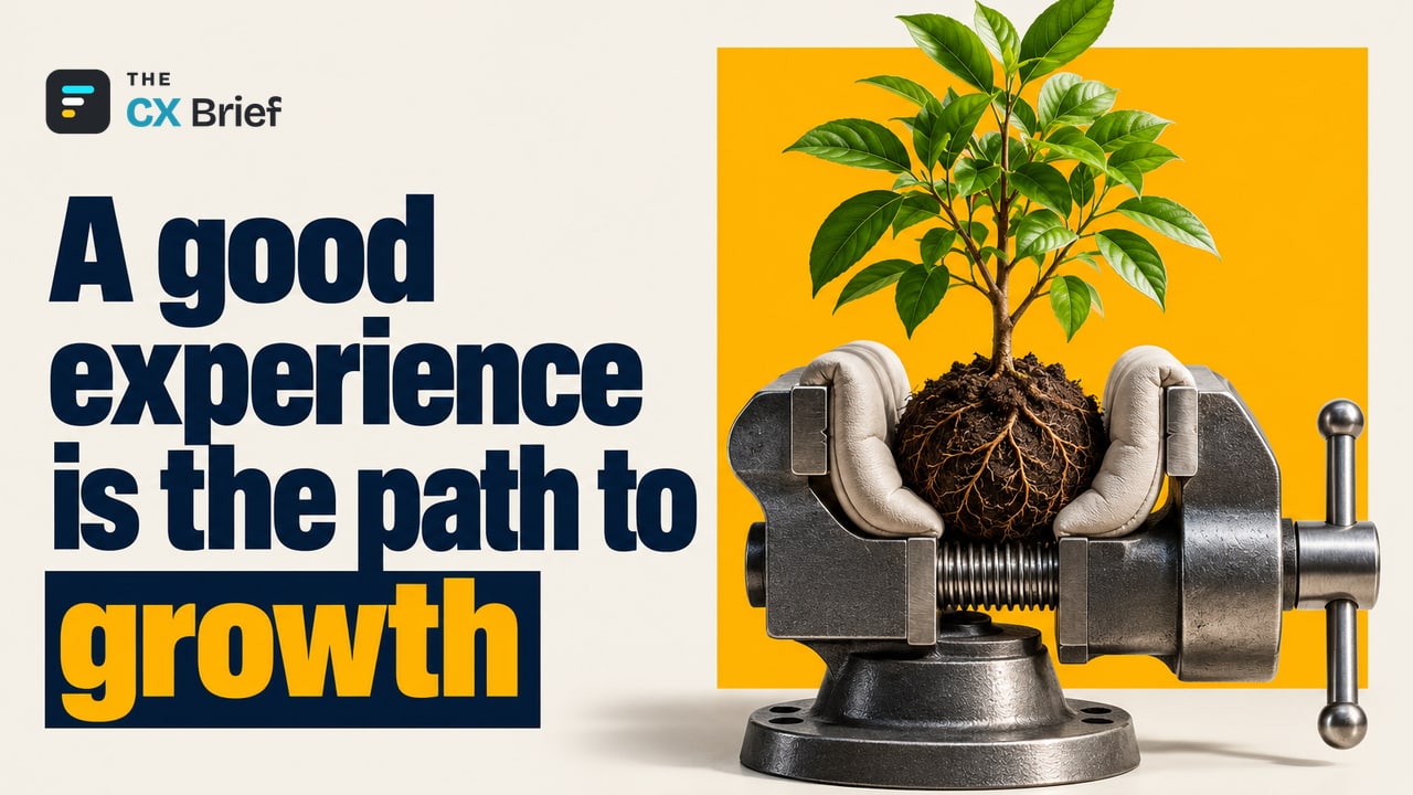 A good experience is the path to growth — Duolingo Chose a Better Experience to Drive Growth. A vise whose jaws have turned into a soft cradle gently carries a growing sapling.