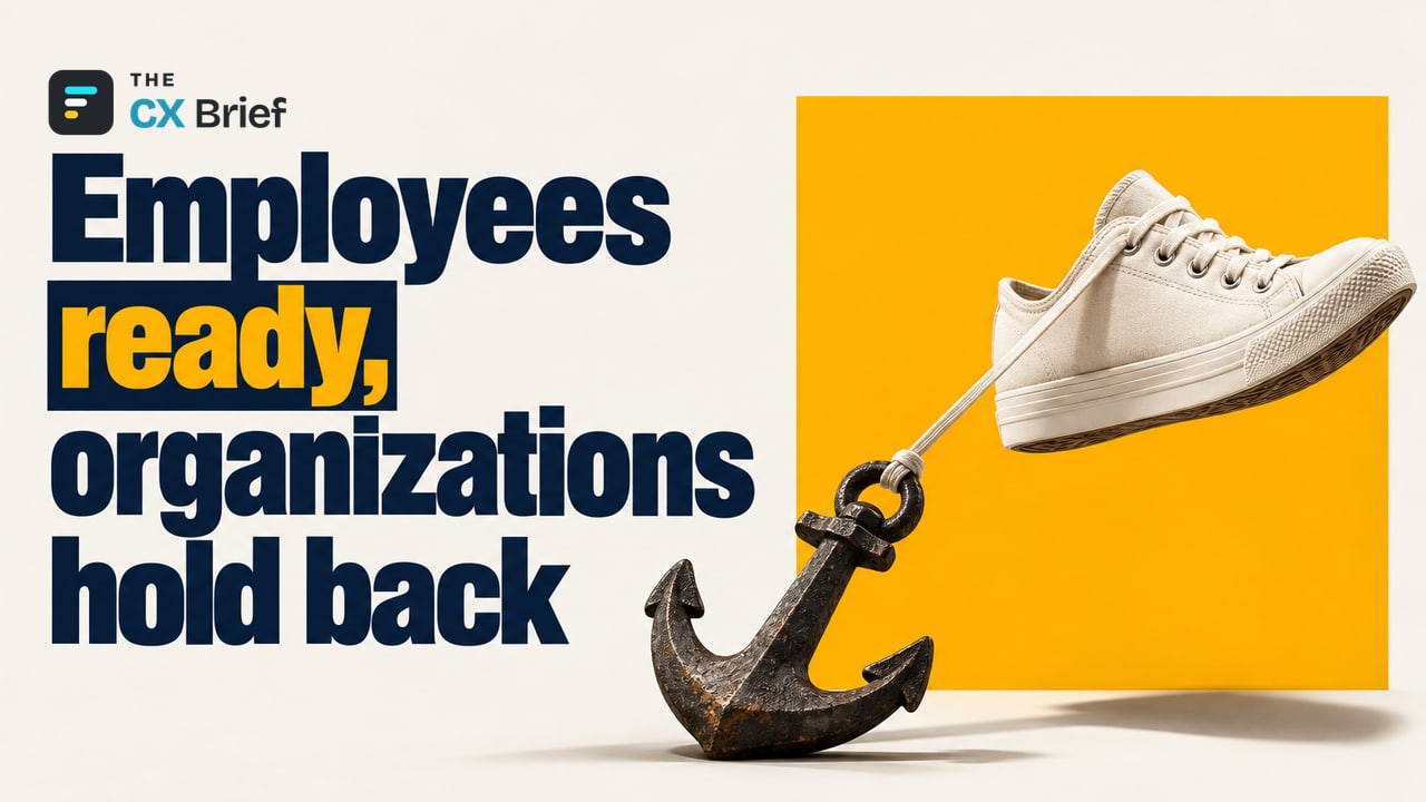 Employees ready, organizations hold back — Employees Shift Into High Gear While the Organization Keeps the Parking Brake On. An ordinary sneaker lifting off the ground, about to leap forward, is held back by a heavy anchor tied to its lace.