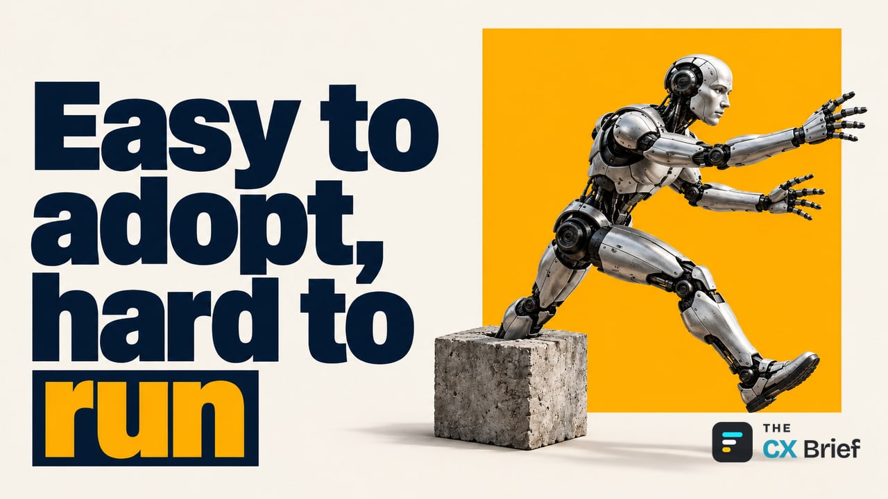 Easy to adopt, hard to run — Everyone Is Chasing Agentic AI, but Only a Handful Are Catching Up. The foot of a robot poised to run is trapped inside a heavy concrete block that stops it from moving.