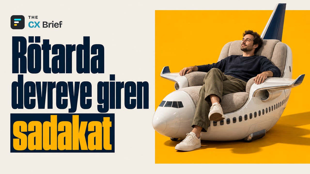 Rötarda devreye giren sadakat — Expedia sadakat programına rötarda ücretsiz salon ekledi; bilet ucuzlarsa farkı kredi olarak verecek. Bir yolcu uçağı rahat bir koltuğa dönüşmüş; sıradan bir yolcu kanatlardan oluşan kolçaklara yaslanarak dinleniyor.