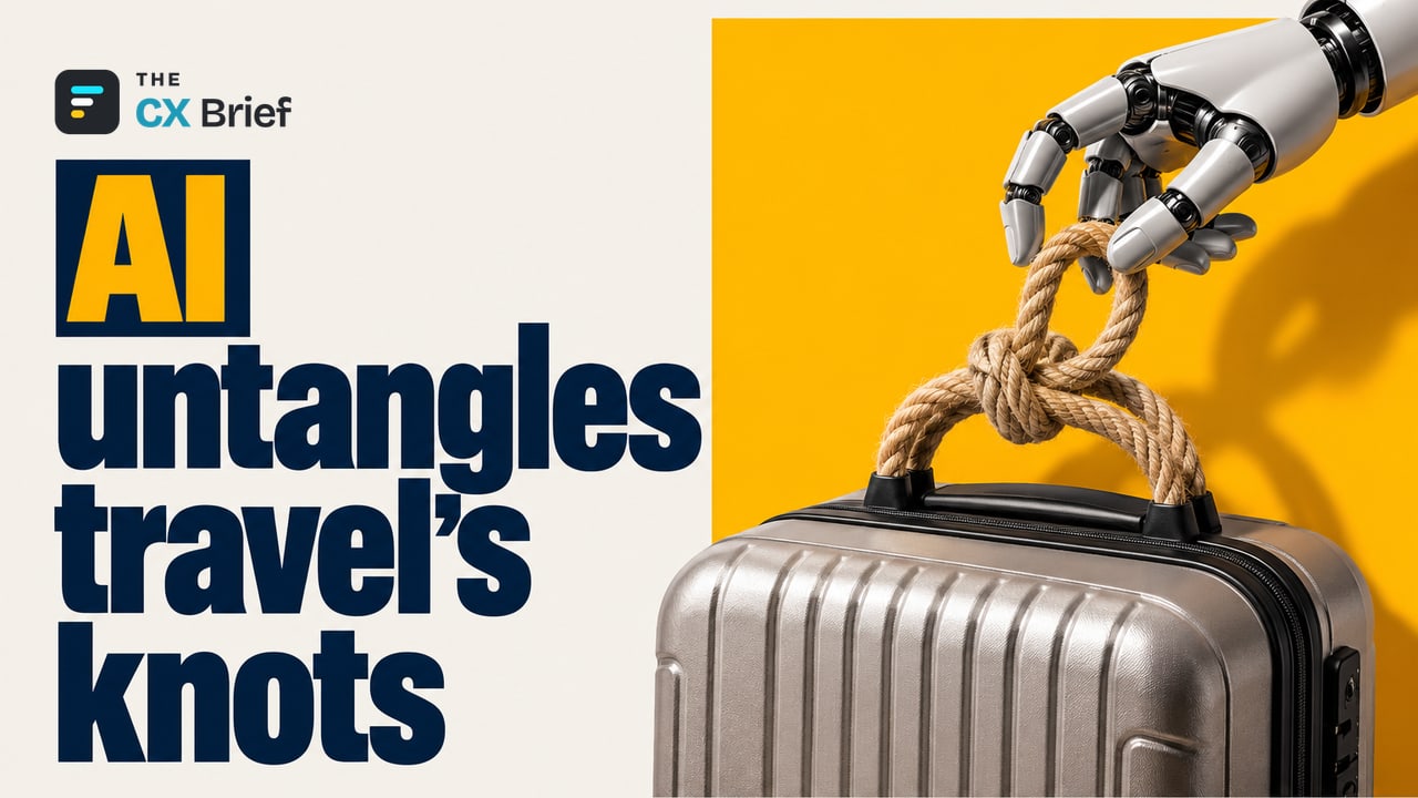 AI untangles travel's knots — Expedia's AI Transformation: AI in Customer Service and Personalized Experiences. A robot hand unties a tight knot in the rope that forms the handle of a suitcase.