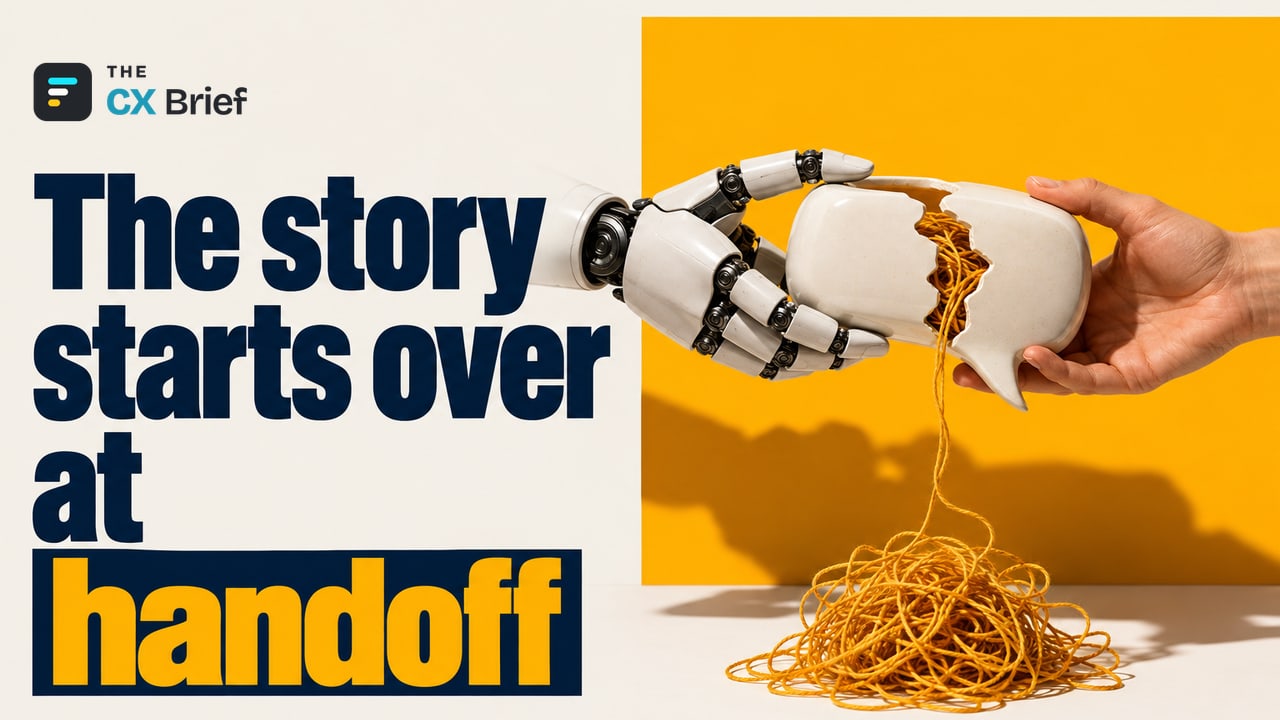 The story starts over at handoff — Five9: 80% of consumers are willing to use AI-powered customer service. As a speech-bubble-shaped vessel passes from a robot hand to a human hand, the thread inside spills out through a crack.