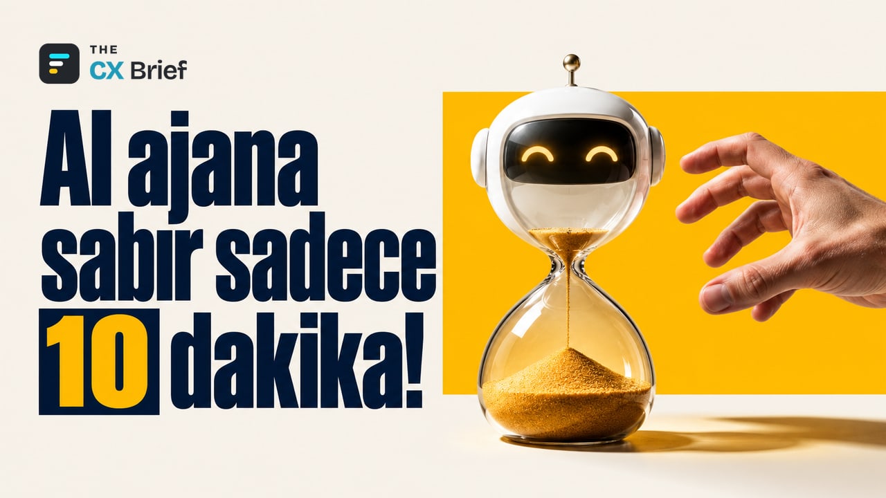 AI ajana sabır sadece 10 dakika! — Five9 anketi: Müşterilerin %92'si yapay zekâ ajanına 10 dakikadan az süre tanıyıp insana geçiyor. Üst haznesi küçük beyaz bir robot başı olan kum saati neredeyse bitmiş; sabırsız bir insan eli ona uzanıyor.