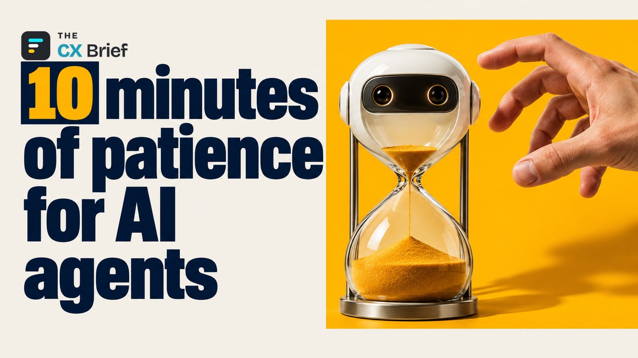 10 minutes of patience for AI agents — Five9 survey: 92% of consumers give an AI agent fewer than 10 minutes before escalating to a human. An hourglass whose upper bulb is a small white robot head has nearly run out; an impatient human hand reaches for it.