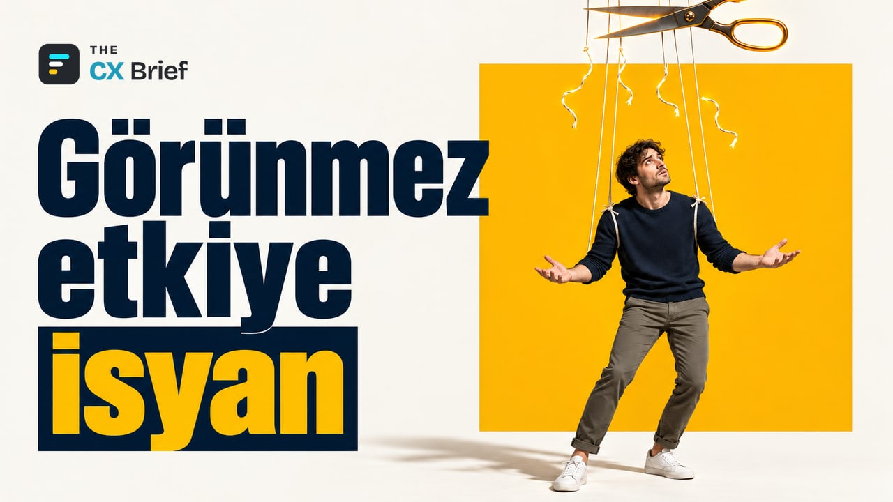 Görünmez etkiye isyan — Forrester, 2027'de tüketicilerin fark edilmeyen yönlendirmeye isyan edeceğini öngörüyor. Kafası karışık bir tüketicinin arkasından sarkan ve görünmeyen ipleri çeken siluetler.