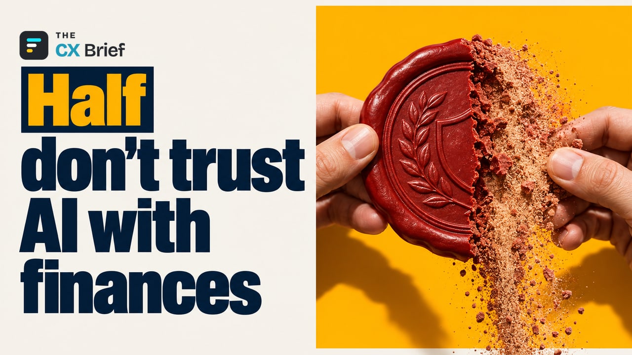Half don't trust AI with finances — Forrester: The banks that win will learn to tell authorized AI agents from malicious ones, not block them outright. A seal held between two hands; one half is intact, while the other crumbles like sand.